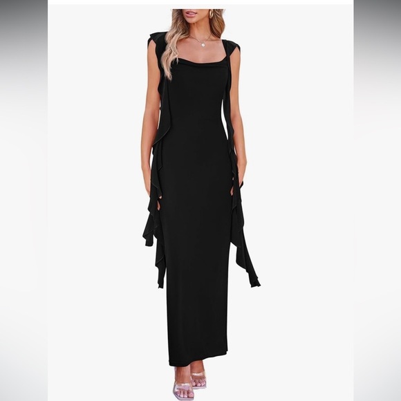 PrettyGarden Dresses & Skirts - Pretty Garden Black Ruffle Bodycon Maxi Cocktail Sleeveless Dress Size S NWT